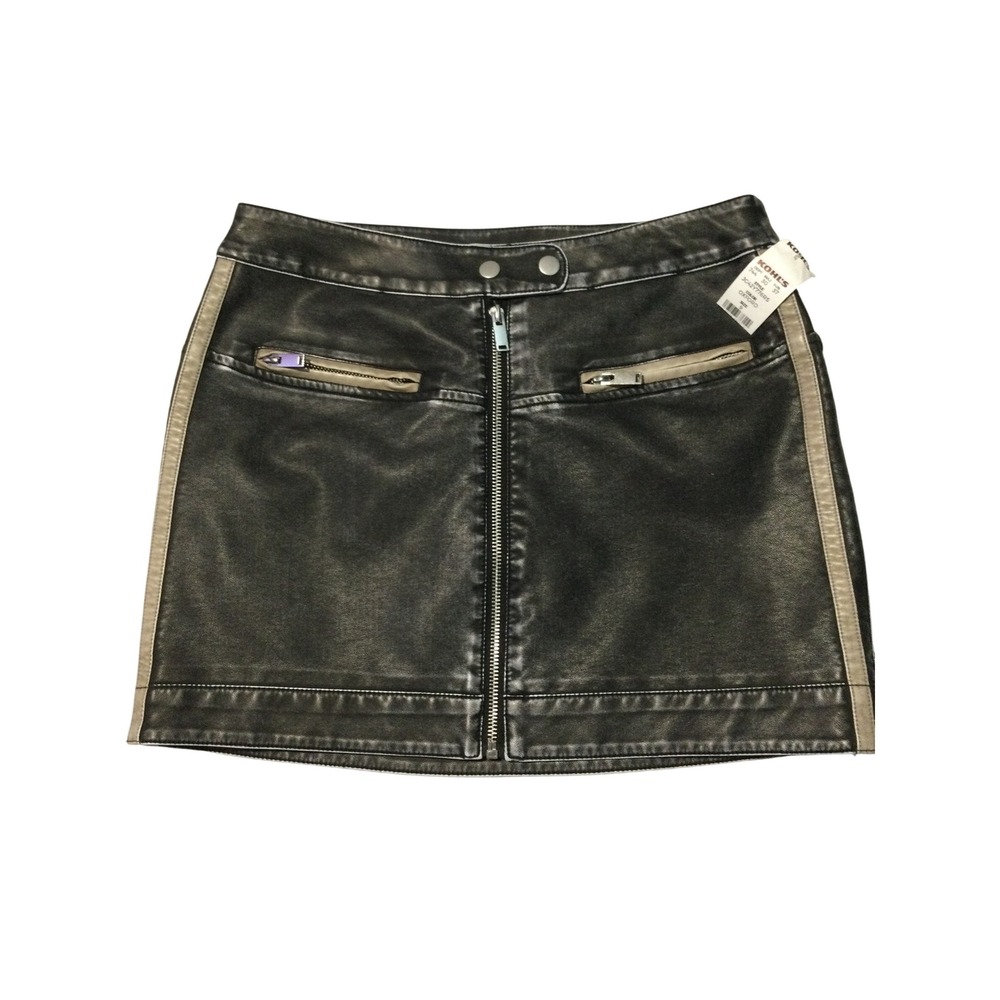 SO Faux Leather Mini Skirt Black Distressed Moto Racing Stripe Size 9‎ NWT
